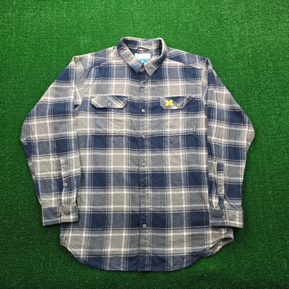 Michigan Wolverines Columbia Flannel Shirt Mens Large Blue Gray Plaid Button Up - Picture 1 of 8